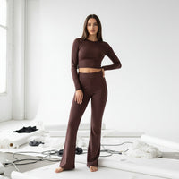 Stretch Crop Top & Flared Lounge Set - brown