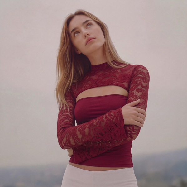 Long Sleeve Lace Top - dark red