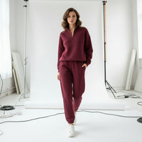 Zip-Up Sweater & Pants Set - Burgundy