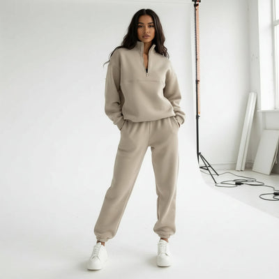 Zip-Up Sweater & Pants Set - Beige