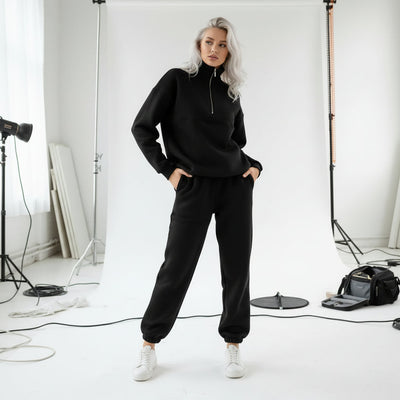 Zip-Up Sweater & Pants Set - Black