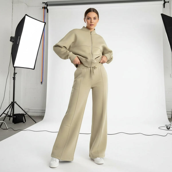 Zip Sweat & Wide Jogger Set - olive green