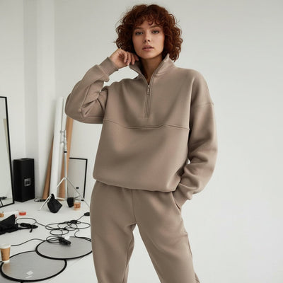 Zip-Up Sweater & Pants Set - Brown
