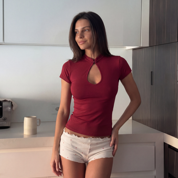 Cutline Button Tee - burgundy