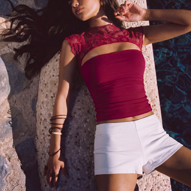 Sleeveless Lace Top - dark red