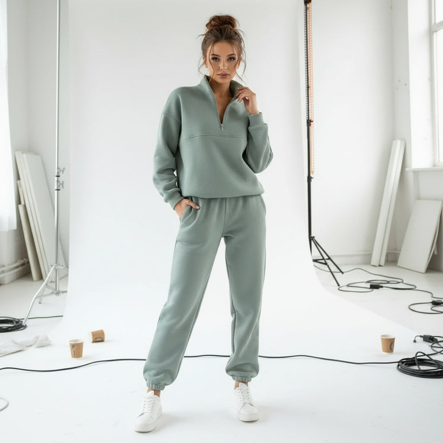 Zip-Up Sweater & Pants Set - Dusty Sage