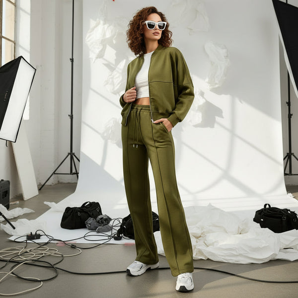 Zip Sweat & Wide Jogger Set - military green