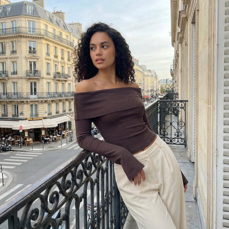 Off Shoulder knit top - dark brown