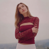 Long Sleeve Lace Top - dark red