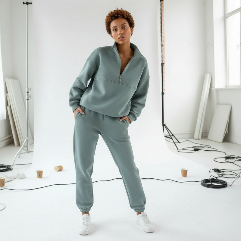 Zip-Up Sweater & Pants Set - Dusty Sage