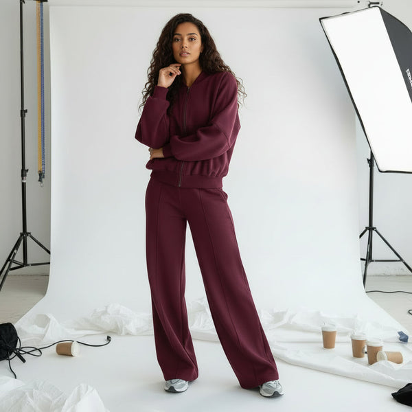 Zip Sweat & Wide Jogger Set - burgundy