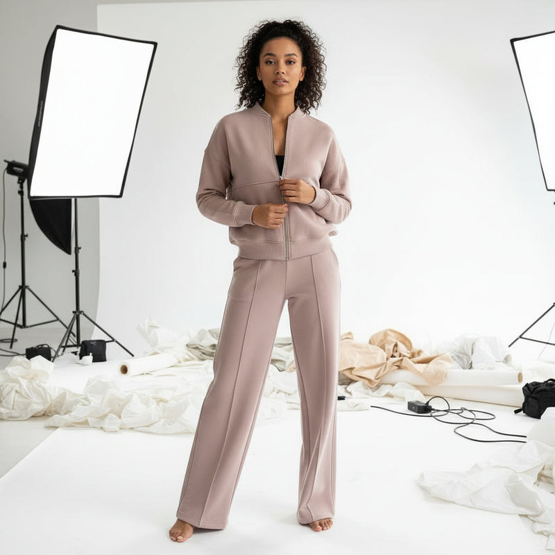 Zip Sweat & Wide Jogger Set - beige