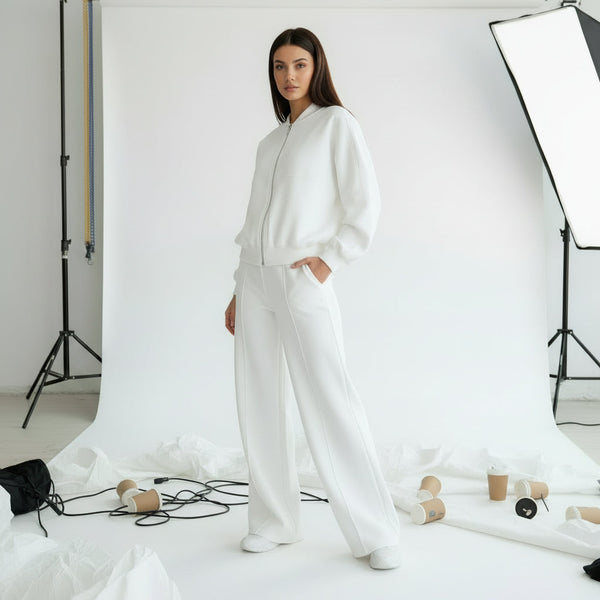 Zip Sweat & Wide Jogger Set - white
