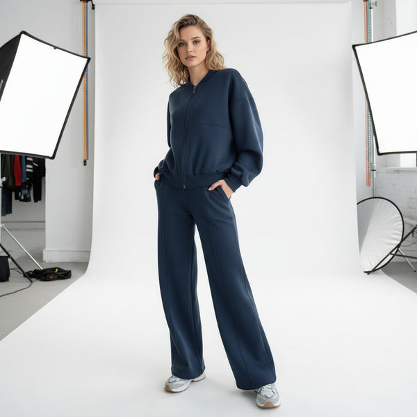 Zip Sweat & Wide Jogger Set - navy blue