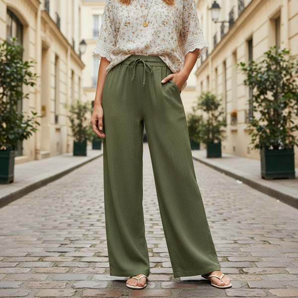 High-Waisted Linen Trousers - Khaki green