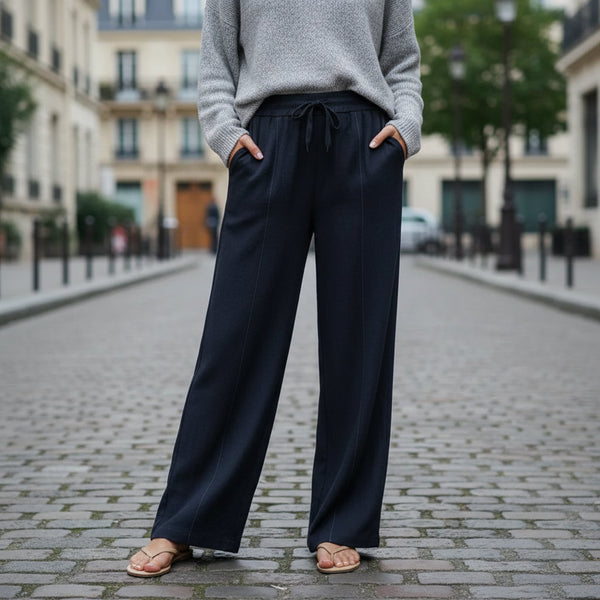 High-Waisted Linen Trousers - Navy blue
