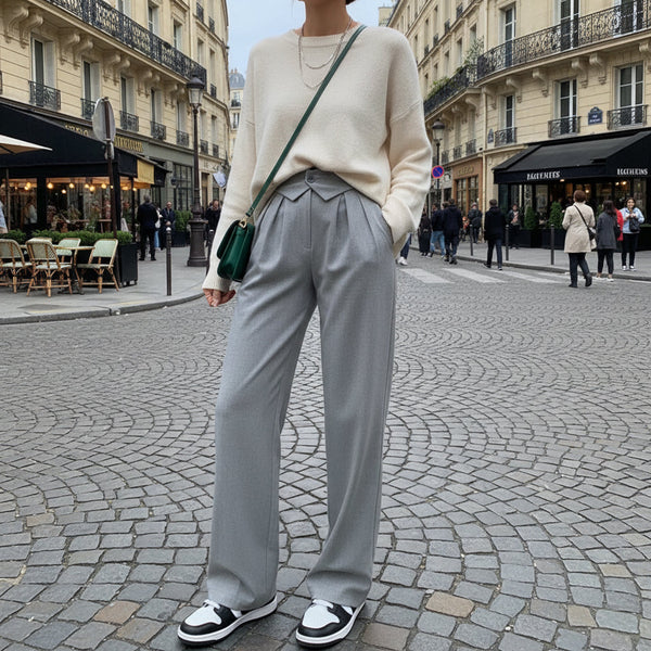 Fold-Over Waistband Pants - Grey