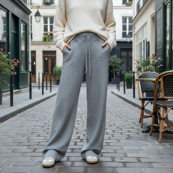 High-Waisted Knit Pants - light grey