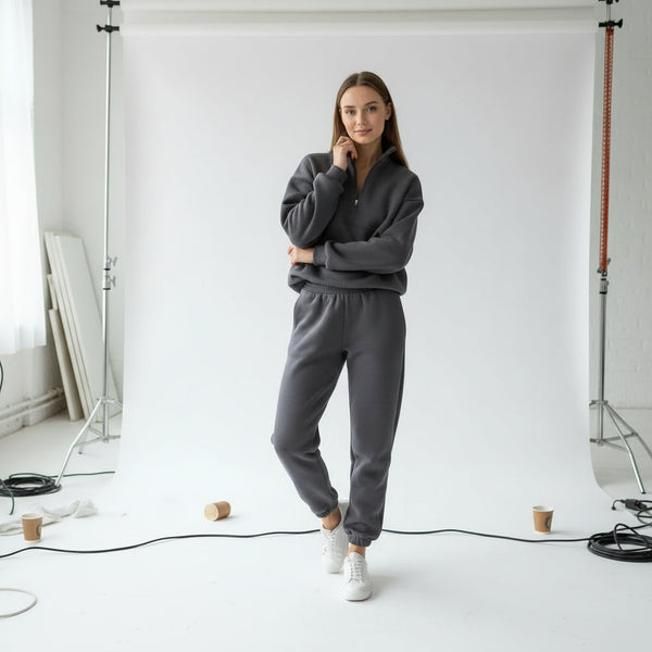 Zip-Up Sweater & Pants Set - Charcoal