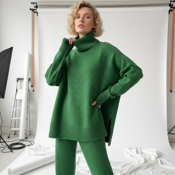 Turtleneck & Wide Pants Set - Green