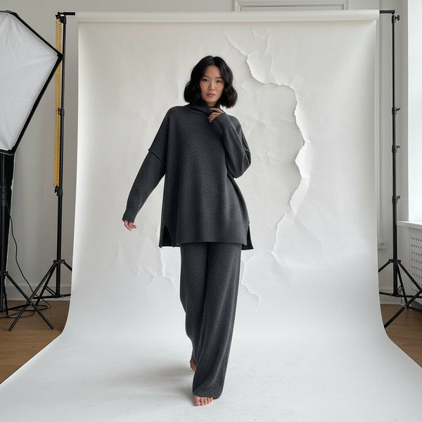 Turtleneck & Wide Pants Set - Grey