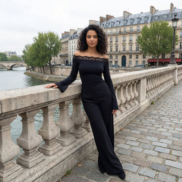 Delicate Lace Trim Top – Black