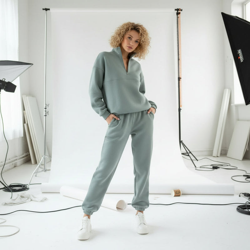 Zip-Up Sweater & Pants Set - Dusty Sage