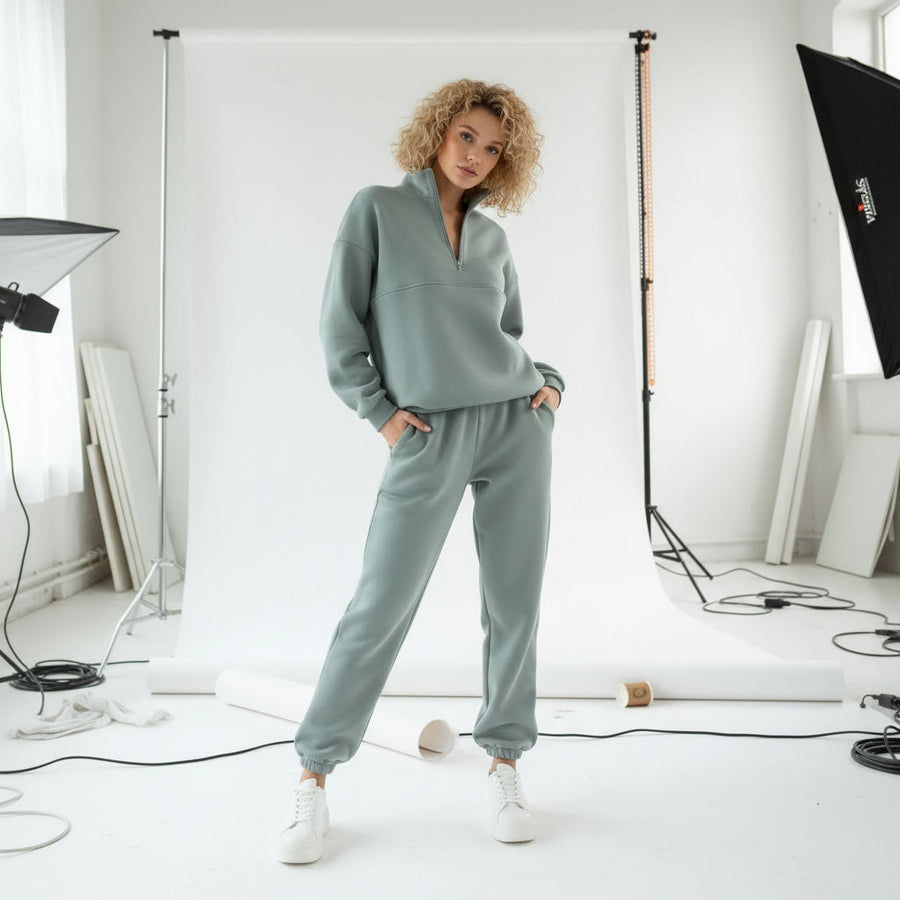Zip-Up Sweater & Pants Set - Dusty Sage