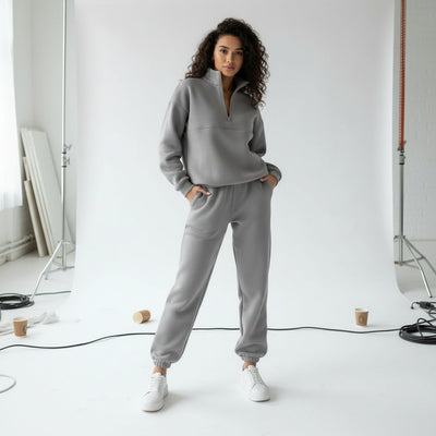 Zip-Up Sweater & Pants Set - Grey
