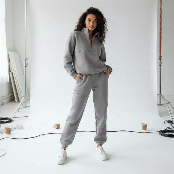 Zip-Up Sweater & Pants Set - Grey