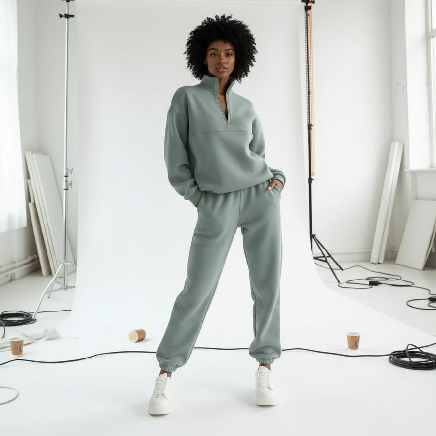 Zip-Up Sweater & Pants Set - Dusty Sage