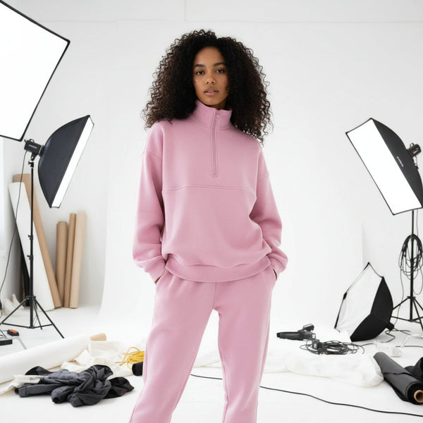 Zip-Up Sweater & Pants Set - Pink