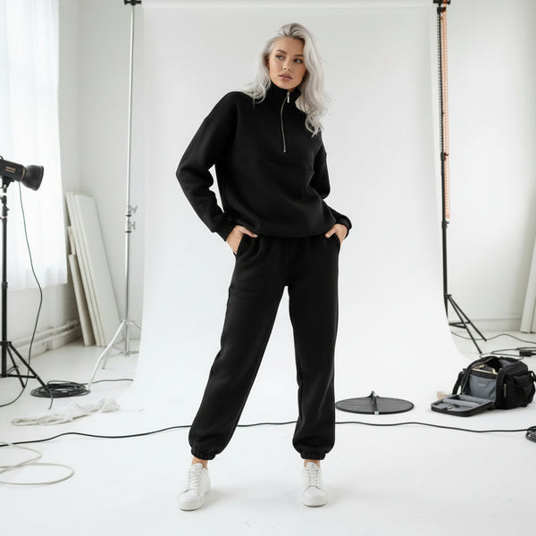 Zip-Up Sweater & Pants Set - Black